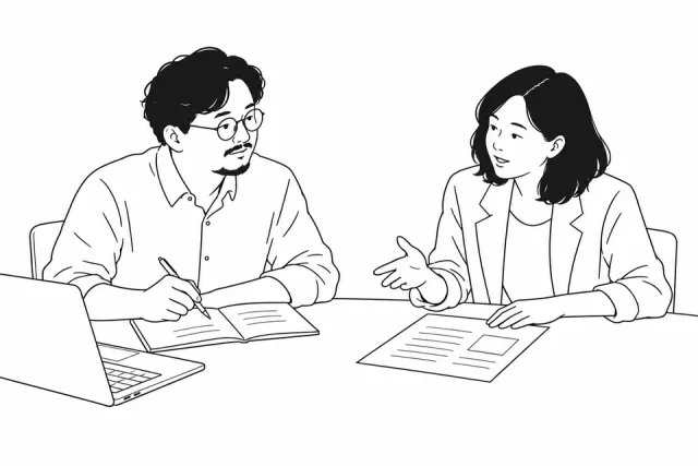 대표 캐릭터가 상대의 이야기를 듣고 펜으로 기록하는 인터뷰 선화