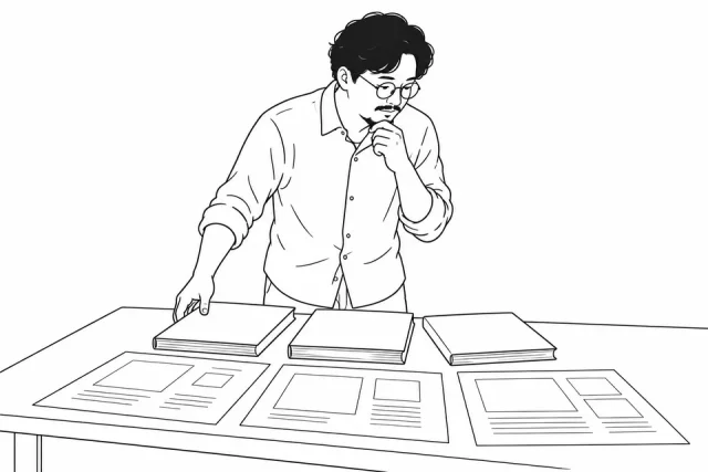 완성된 책과 제작물을 살펴보는 디자이너 선화